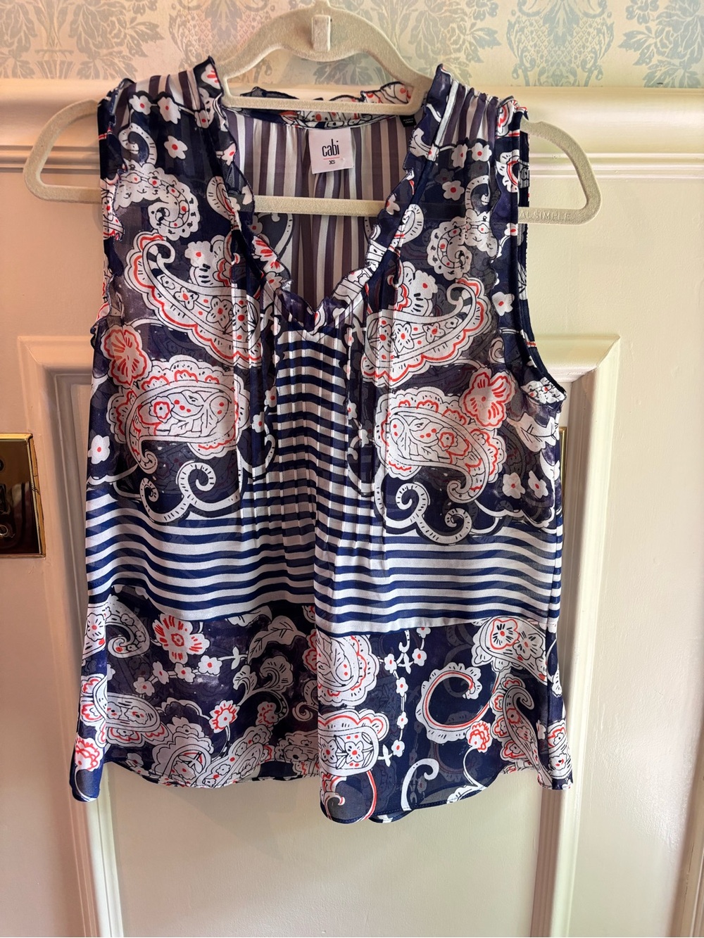 CAbi Navy White & Coral Paisley Stripe V-Neck Sleeveless Top
